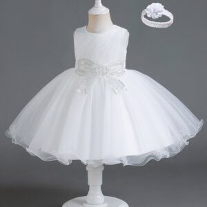 Kids Baby Girls Summer Fashion Party Cute Sweet Solid Color Bow Pleated Sleeveless Mesh Party Tutu Dress