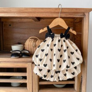 Kids Baby Girls Casual Sweet Cute Bow Heart pattern Strap Shorts Set