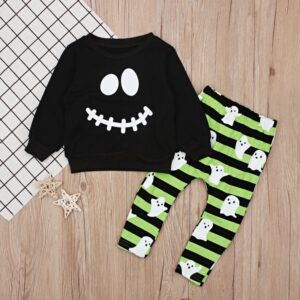 Children Kids Baby Fashion Crewneck Long Sleeve Smiley Print And Striped Pants Two-Piece Set