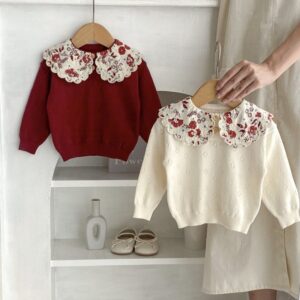 Kids Baby Girls Sweet Lace Peter Pan Collar Long Sleeve Knitted Sweater