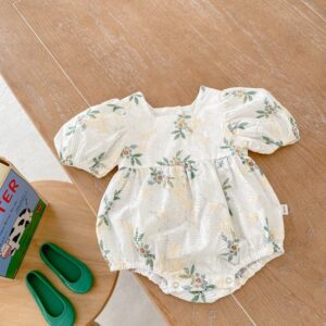 Kids Baby Girls Fashion Cotton Square Collar Frolal Printing Puff Sleeve Short-Sleeved Bodysuit