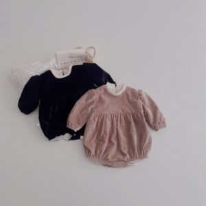 Kids Baby Girls Fashion Gold Velvet Back Half Zipper Long Sleeve Fart-Covered Bodysuit