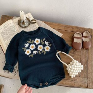 Kids Baby Girls Cotton Dark Green Embroidered Long-Sleeved Fart Wrap Knitted Bodysuit