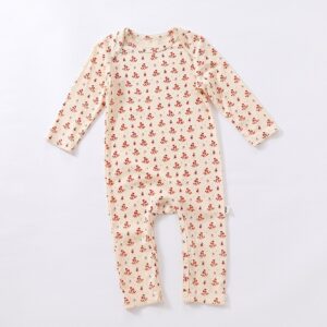 Kids Baby Unisex Spring Autumn Cute Casual Cotton Red Maple Leaf Tiny Flower Round Neck Romper
