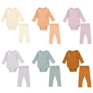 Kids Baby Unisex Spring Autumn Cute Casual Solid Color Striped Button Round Neck Long Sleeve Trousers Set