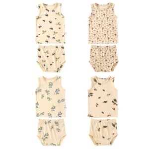 Kids Baby Unisex Summer Cute Casual Cotton Blackberry Mushroom Blueberry Pine Cone Pattern Round Neck Vest Shorts Set