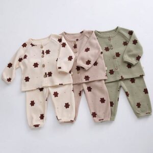 Kids Baby Unisex Spring Autumn Cute Casual Waffle Bear Pattern Button Round Neck Long Sleeve Trousers Set