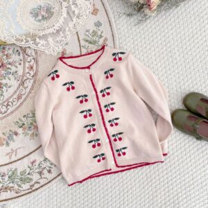 Kids Baby Girls Spring Autumn Cute Casual Solid Color Cherry Button Round Neck Sweater Coat