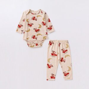 Kids Baby Unisex Autumn Winter Cute Casual Cotton Santa Claus Pine Leaf Pattern Long Sleeve Trousers Round Neck Set Romper