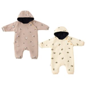 Kids Baby Unisex Autumn Winter Cute Casual Colored Stone Olive Pattern Double-Layer Velvet Thickened Hat Body Romper