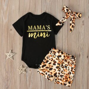 Girls Letter Printed Short-Sleeves Romper And Leopard Shorts With Headband