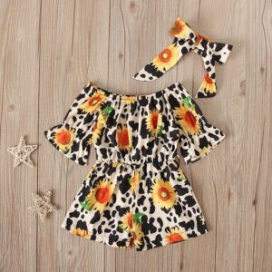 Girls Fashion Floral Short-sleeves Romper And Headband Set