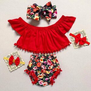 Girls Fashion Off-the-shoulder Solid Color Tops And Flower Pattern Pompon Decor With Headband Set