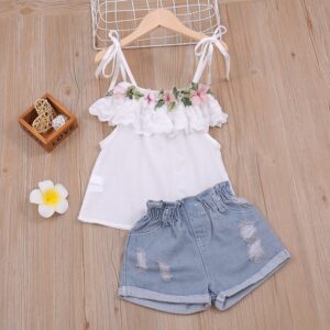 Girls Fashion Off-the-Shoulder Flower Decor Tops And Ripped Jean Shorts Set