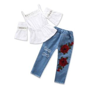 Girls Fashion Solid Color Cool-shoulder Tops And Flower Pattern Hole Design Jeans Set
