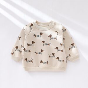 Kids Baby Girls Boys Spring Cute Cotton Puppy Moon Pattern Sweat Pants Round Neck Romper