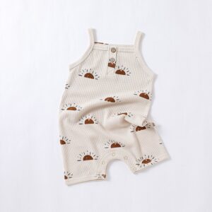 Kids Baby Girls Boys Summer Cute Cotton Waffle Sun Mushroom Colorblock Button Sleeveless Square Neck Romper