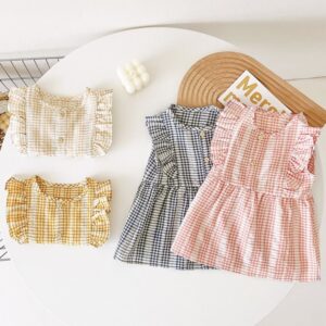 Baby Girls Summer Plaid Vest Ruffled Sleeveless Princess Cotton Dress