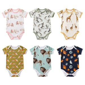 Kids Baby Girls Boys Summer Cotton Cute Cartoon Elephant Lion Tiger Duck Giraffe Planet Pattern Short Sleeve Bodysuit