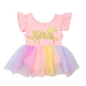 Baby Girls Gold Horse Print Multicolor Mesh Rompers Style Dresses