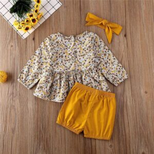 3pcs Baby Girls Floral Print Long Sleeve Dress And Shorts With Headband