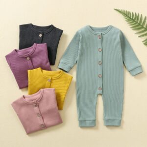 Toddlers Newborn Baby Fashion Boys Girls Casual Long Sleeve Solid Color Button Jumpsuit