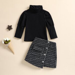 Toddlers Newborn Baby Fashion Girls Long Sleeve Solid Color Ruffle Top And Plaid Skirt 2pcs Set