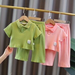Toddlers Newborn Baby Fashion Girls Short Sleeve Solid Color Lapel Top And Pants 2pcs Set