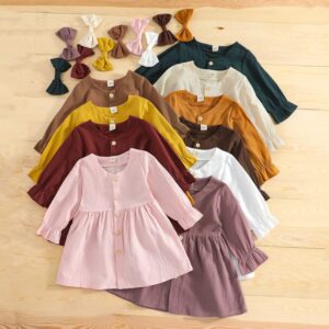 Children Kids Baby Fashion Girls Long Sleeve Solid Color Casual Basic Princess Dress