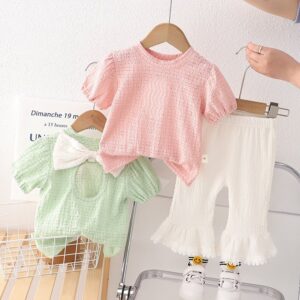 Toddlers Newborn Baby Fashion Girls Short Sleeve Solid Color Casual Top And Pants 2pcs Set