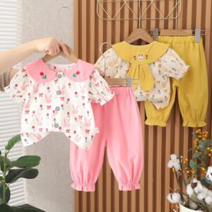 Toddlers Newborn Baby Fashion Girls Short Sleeve Bunny Print Lapel Top And Pants 2pcs Set