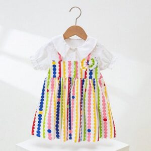 Toddlers Newborn Baby Fashion Girls Short Sleeve Cute Rainbow Stripe Print Patchwork Dress