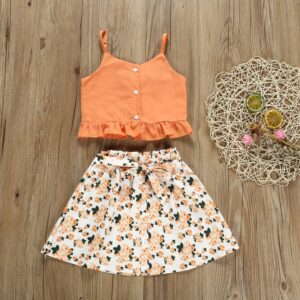 Baby Girls Pastoral Solid Color Ruffled Sling Top And Floral Skirt Set
