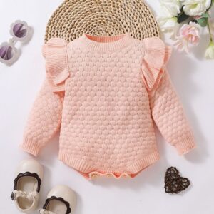 Toddlers Newborn Baby Fashion Girls Long Sleeve Solid Color Ruffle Knitted Bodysuit
