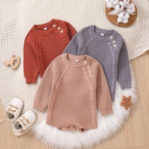 Toddlers Newborn Baby Fashion Girls Boys Long Sleeve Solid Color Knitted Bodysuit