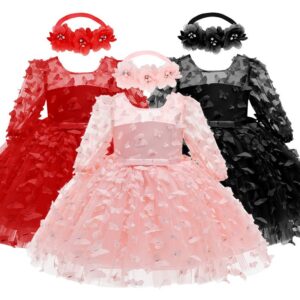 Toddlers Newborn Baby Fashion Girls Princess Solid Color Long Sleeve Butterfly Mesh Tutu Party Dress