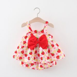 Toddlers Newborn Baby Fashion Girls Sleeveless Strawberry Print Bowknot Tops And Shorts 2pcs Set