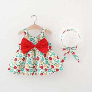 Toddlers Newborn Baby Fashion Girls Sleeveless Flower Print Bowknot Cute Dress And Straw Hat