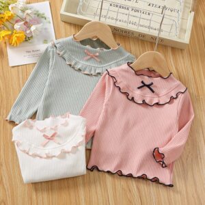 Children Kids Baby Fashion Girls Casual Basic Long Sleeve Ruffle Bowknot T-Shirt
