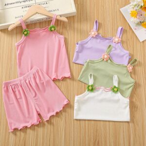 Toddlers Newborn Baby Fashion Girls Casual Basic Sling Flower Top And Solid Color Shorts 2pcs Set