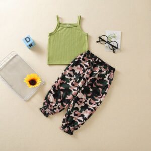Girls Basic Solid Color Strip Vest And Camouflage Pants Two-piece Set