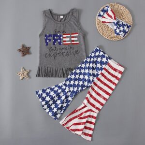 Children Kids Baby Fashion Girls Independence Day Flag Sleeveless Letter Print T-Shirt And Pants Set