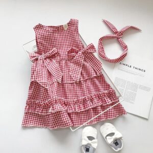 Children Kids Baby Fashion Girls Casual Basics Sleeveless Red Plaid Bowknot Princess Dress