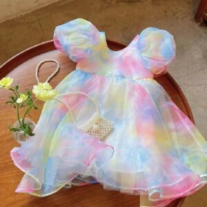 Children Kids Baby Fashion Girls Casual Basics Short Sleeve Rainbow Color Mesh Dress