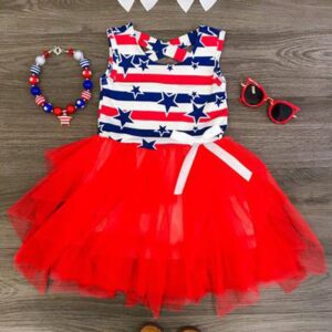 Children Kids Baby Fashion Girls Casual Basics Sleeveless Flag Independence Day Star Print Mesh Dress