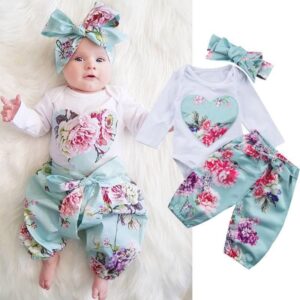 Toddlers Newborn Baby Fashion Girls Casual Long Sleeve Flower Print Top And Pants 2pcs Set