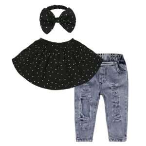 Children Kids Baby Fashion Girls Polka Dot Tube Top And Denim Ripped Pants Set