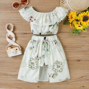 Children Kids Baby Fashion Girls Ruffle Sleeve Flower Print Top And Patchwork Skirt 2pcs Set