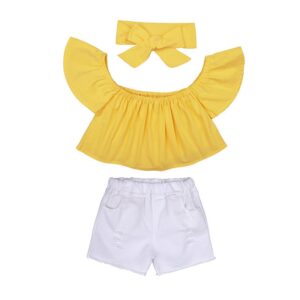 Children Kids Baby Fashion Girls Off-Shoulder Solid Color Top And Ripped Shorts Set