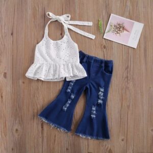 Kids Girls Basic Sleeveless Hollow Out Ruffled T-Shirt And Ripped Denim Flared Pants Two-piece Set